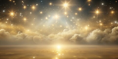 Celestial Dreamscape Golden Hour over a Serene Planet with Glowing Stars and Planets Reflecting on Calm Waters