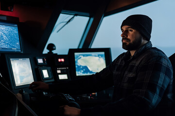 Ship captain navigating vessel using modern technology in control room