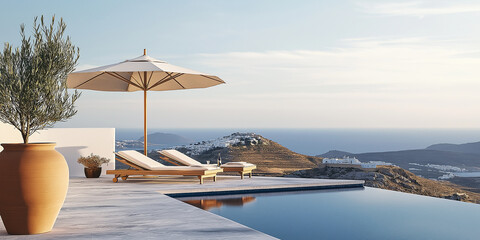 Obraz premium Infinity pool overlooking picturesque greek island village at sunset