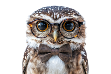 Owl wearing glasses and bow tie isolated on white or transparent PNG