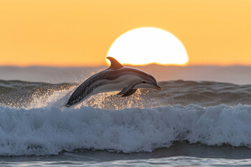 Obraz premium Stunning sunrise photo of a striped dolphin leaping over a wave, backlit by the golden sun. A breathtaking wildlife moment captured at sea.