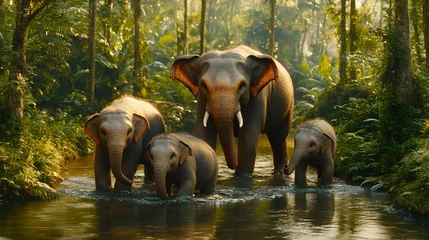 Poster de jardin  Majestic elephant family crossing a tranquil stream in a lush green jungle. Serene wildlife scene.  © BehikeChanel