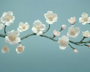 Fototapeta premium Elegant paper crafted cherry blossoms branch on a serene teal background, perfect for spring or serenity themes.