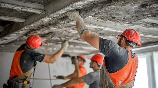 Workers repairing concrete ceiling indoors, construction site