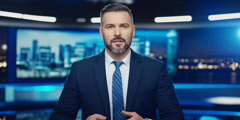 News anchor reporting live from tv studio with cityscape on screen