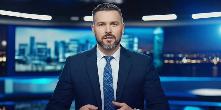 News anchor reporting live from tv studio with cityscape on screen