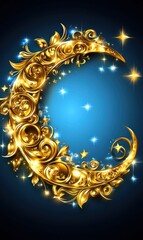 Ornate Golden Crescent Moon with Sparkling Stars on Dark Blue Background