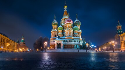 Obraz premium Saint Basils Cathedral Nighttime Illumination Red Square Moscow