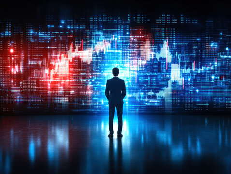A businessman stands before a dazzling digital display of data and market trends, symbolizing the intersection of finance and technology in today’s trading landscape.