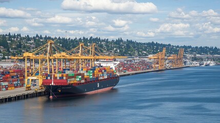 Container ship docking, port city, cargo loading, hillside background, global trade