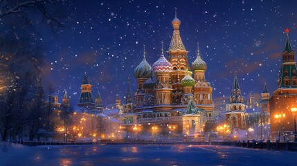 Fototapeta premium Saint Basils Cathedral Winter Snowfall Night Scene