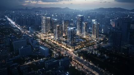 Fototapeta premium Night Aerial Cityscape Modern Towers, Urban Development, Highway Intersection