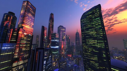 Skyscrapers Illuminated at Dusk with a Pink and Orange Sky