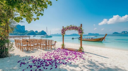 Tropical beach wedding ceremony setup, Thailand