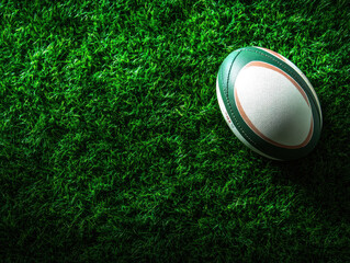 A close-up of a rugby ball resting on vibrant green turf, encapsulating the spirit of the game and the excitement it brings to athletes and fans alike.