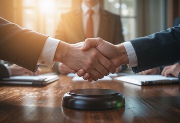 Two professionals shaking hands across a table signifies an out of court settlement in a formal setting. Mutual agreement concept