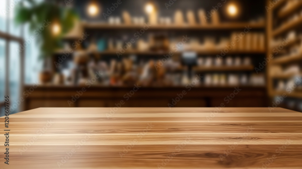 Poster empty wooden table in front of blurred cafe background