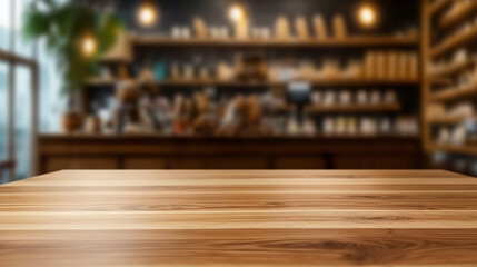 Empty wooden table in front of blurred cafe background