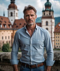 Fototapeta premium Adult man of Austrian nationality in casual shirt and jeans with focused portrait photo urban street background