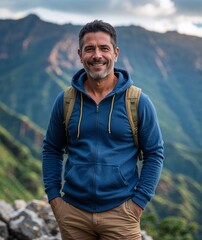 Naklejka premium Adult man of Colombian nationality in hoodie and trousers with smiling portrait photo mountain background