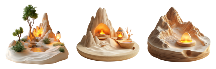 Decorative 3D Mountain Scenes with Warm Lights and Natural Elements