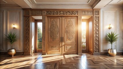 Obraz premium Sunlight streams through ornate double doors in a grand entryway, illuminating intricate wood carvings and polished hardwood floors