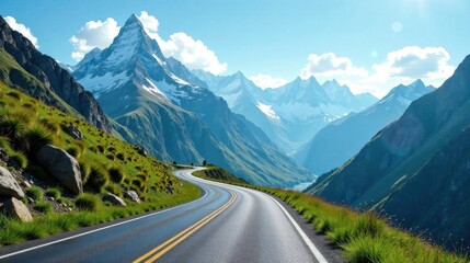 Asphalt ribbon unwinding through a majestic alpine panorama, showcasing towering snow-capped peaks and lush verdant slopes under a brilliant sunlit sky.