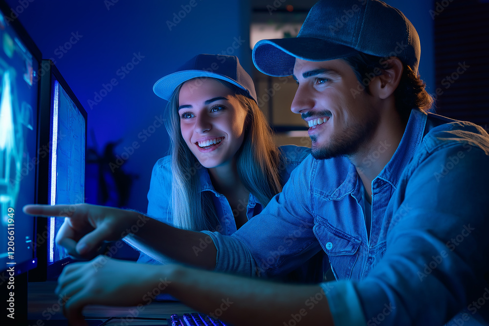 Poster Software developers working late night on computer in office