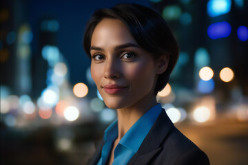 Obraz premium Confident businesswoman smiling in city at night