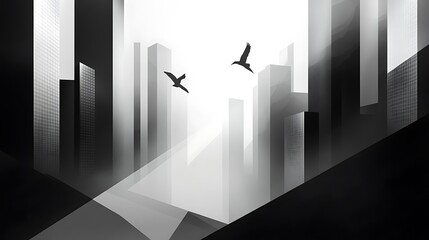 Two Birds Flying Over Silhouetted Buildings in a Foggy City