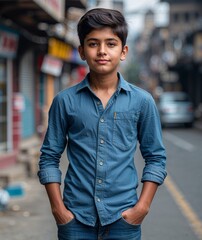 Naklejka premium Teen boy of Nepalese nationality in casual shirt and jeans with relaxed pose portrait photo urban street background