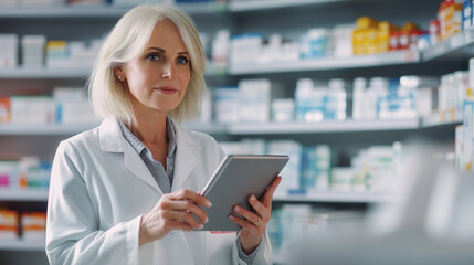 Senior female pharmacist using digital tablet in pharmacy