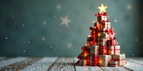 A Festive Arrangement of Wrapped Gifts Forming a Sparkling Christmas Tree on a Snowy Wooden Surface