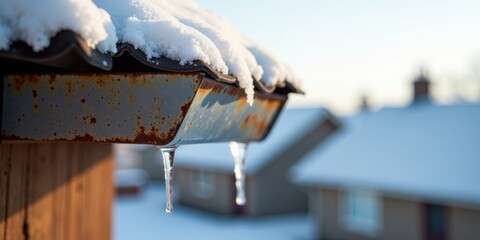 Winter icicles hanging from a weathered metal roof gutter, a tranquil winter scene with softly blurred background of snow-covered houses