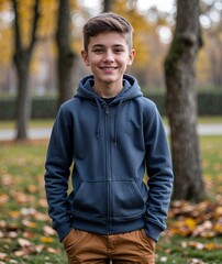 Teen boy of Romanian nationality in hoodie and trousers with smiling portrait photo park background