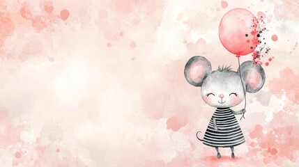 Fototapeta premium Cute mouse holding balloon, watercolor background, celebration card