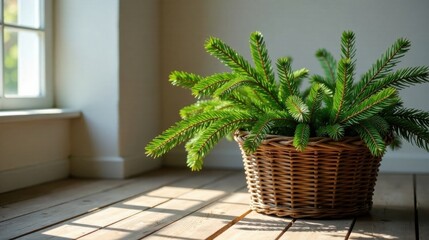 Sunlit Evergreen Branches in a Rustic Wicker Basket on Wooden Floor