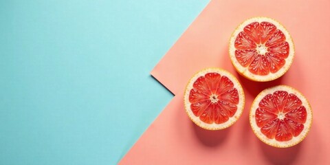 Vibrant citrus fruit halves arranged on a two-toned background, showcasing their juicy segments and bright colors.