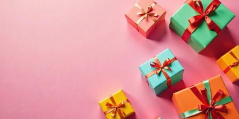 A vibrant array of festively wrapped presents, adorned with colorful ribbons and bows, arranged on a soft pink background, creating a cheerful and celebratory scene.