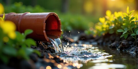 Terracotta Pipe Irrigation System in a Lush Garden Setting at Golden Hour