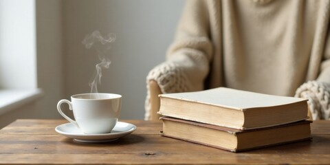 A steaming cup of hot beverage beside a stack of well-worn books rests on a rustic wooden surface, suggesting a cozy and contemplative moment.
