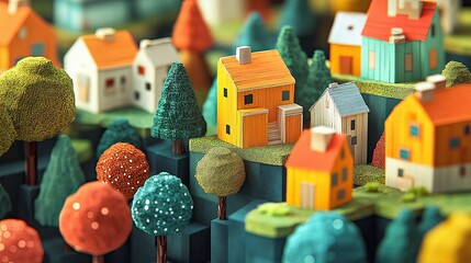 Closeup View of Colorful Miniature Landscape with Trees and Houses