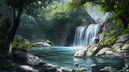 Serene Waterfall and River in a Lush Forest