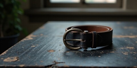 Dark Brown Leather Belt with Antique Metal Buckle Resting on a Weathered Wooden Surface