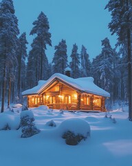 Cozy cabin glowing in snowy forest at dusk.