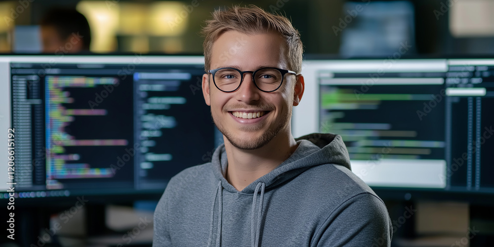Poster Software developer smiling while working on computer in office at night, programming code on screen