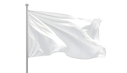 White flag waving in the wind on flagpole, isolated on white background, closeup,object,texture
