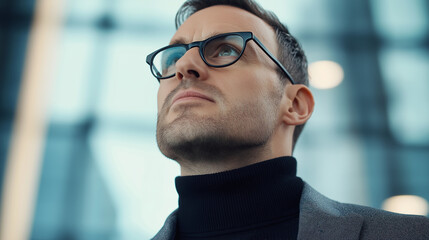 Fototapeta premium Pensive businessman wearing glasses looking up in modern office building