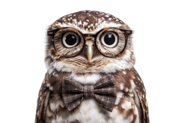Owl wearing glasses and bow tie isolated on white or transparent PNG