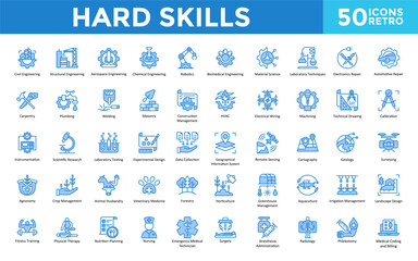 Hard Skills icon set with aerospace engineering, chemical engineering, robotics, biomedical engineering, material science, laboratory techniques, electronics repair icon. Simple retro vector 
